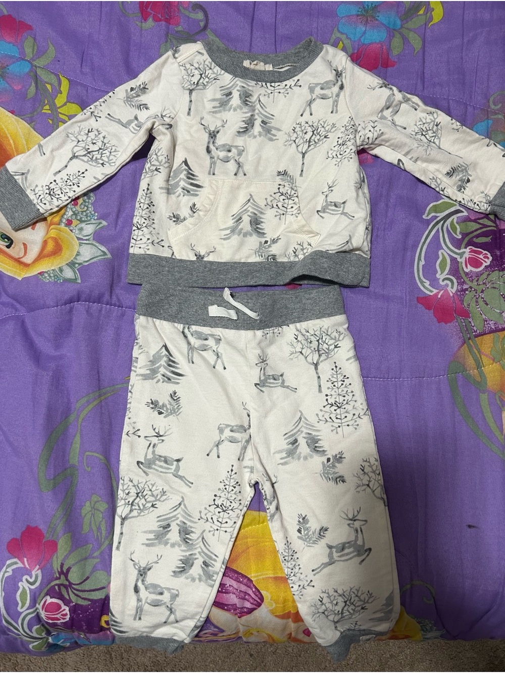 Burt’s Bees Kids Deer Print Gray & White Pajama Set - Cozy Long Sleeve Sleepwear